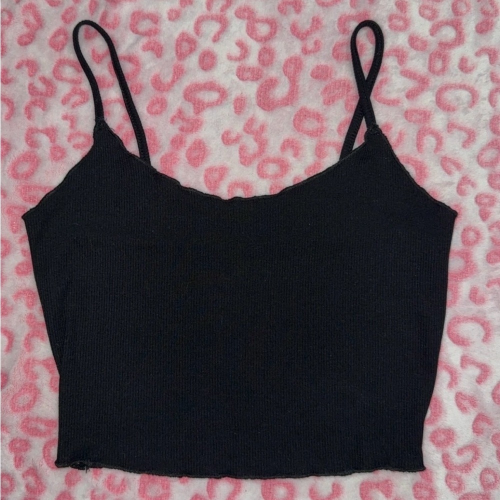 Black Ribbed Spaghetti Strap Crop Tank Top - Women